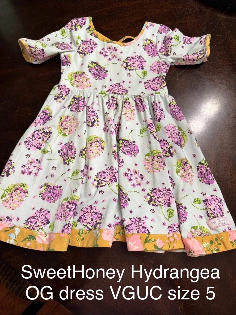 SweetHoney White Dress with Pink & Green Floral Print and Gold Trim